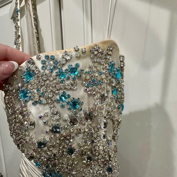 Sherri Hill Elegant White Pageant Gown w/ Large Blue & Clear Rhinestones - Picture 11 of 17